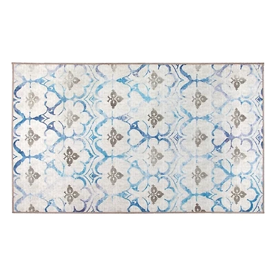 Blue and Cream Damask Washable Area Rug