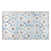 Blue and Cream Damask Washable Area Rug