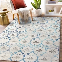 Blue and Cream Damask Washable Area Rug, 5x7