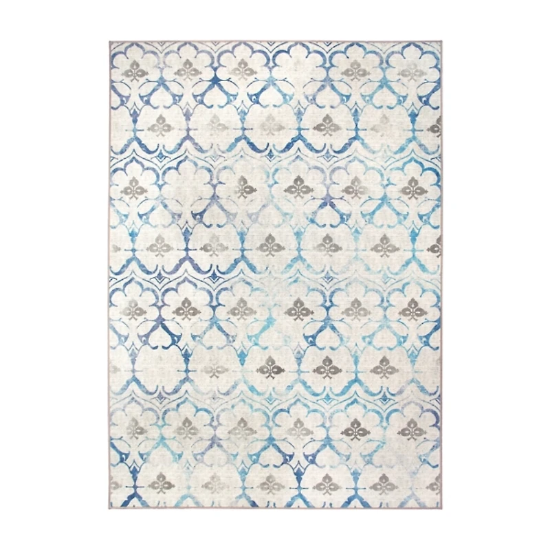 Blue and Cream Damask Washable Area Rug, 5x7
