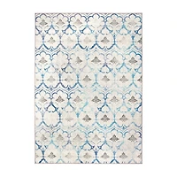 Blue and Cream Damask Washable Area Rug, 5x7