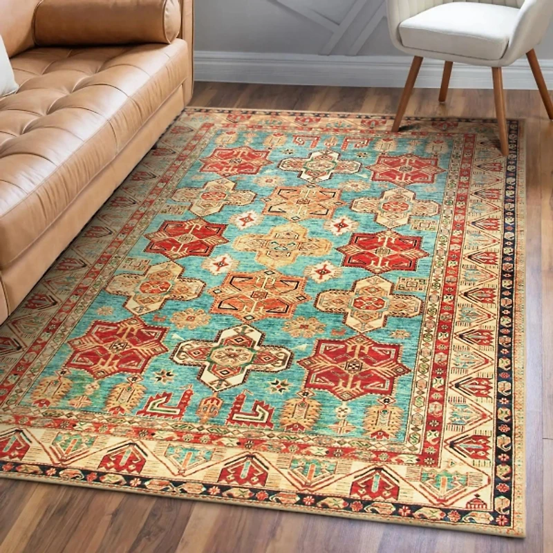 Ottoman Turquoise Washable Area Rug, 5x7