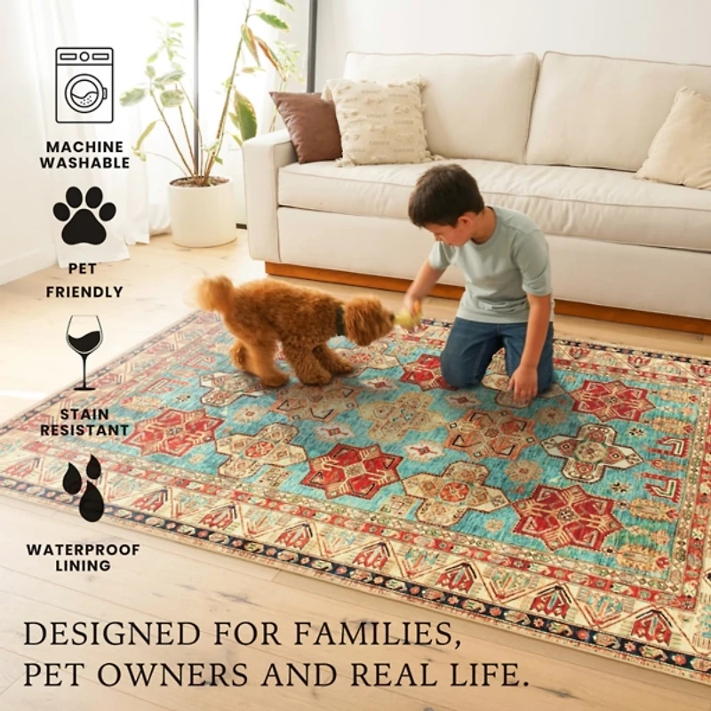 Ottoman Turquoise Washable Area Rug, 5x7