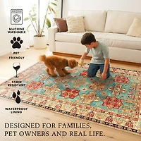 Ottoman Turquoise Washable Area Rug, 5x7