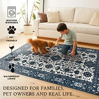 Blue Ramage Washable Area Rug, 5x7