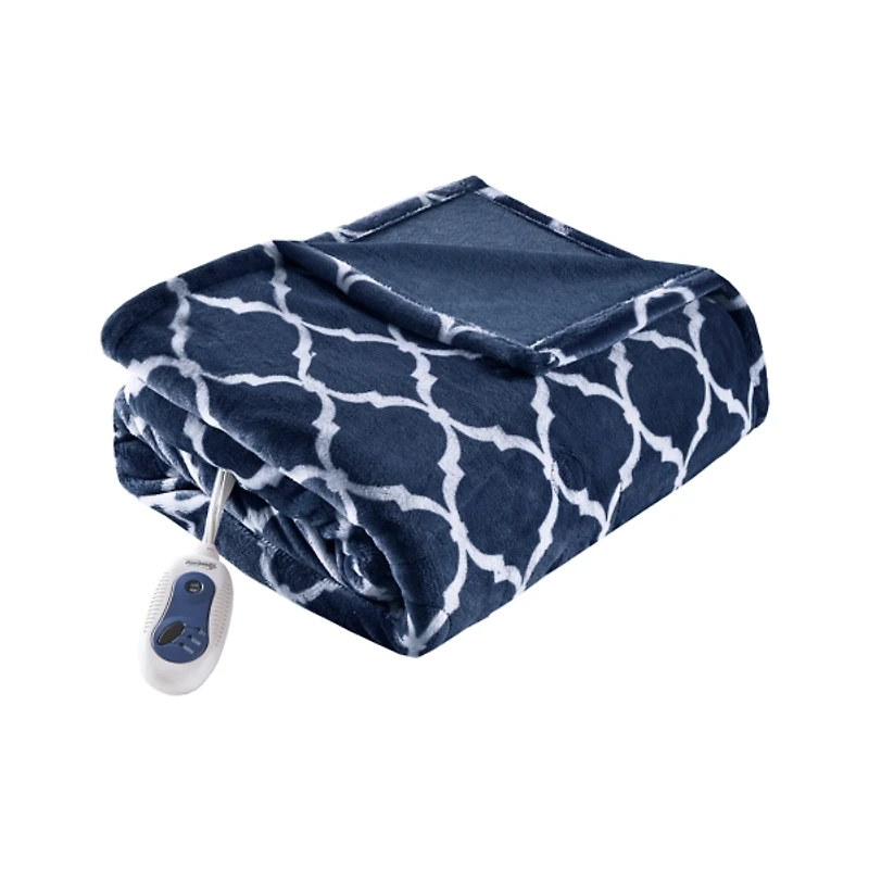 Beautyrest Navy Quatrefoil Ogee Heated Throw