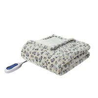 Beautyrest Gray Leopard Heated Faux Fur Throw