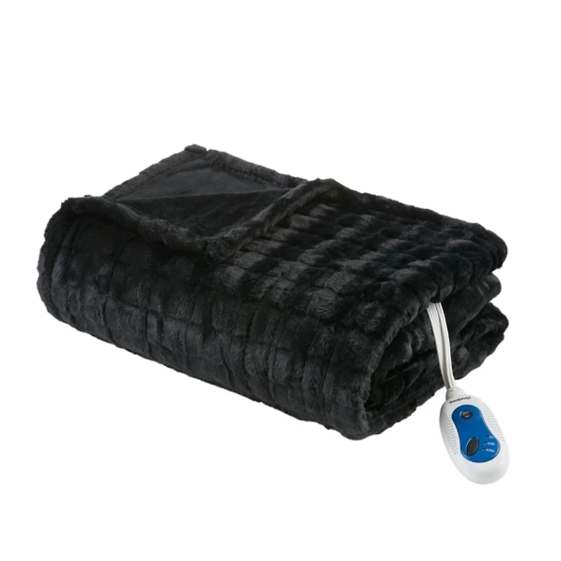 Beautyrest Marselle Black Heated Faux Fur Throw