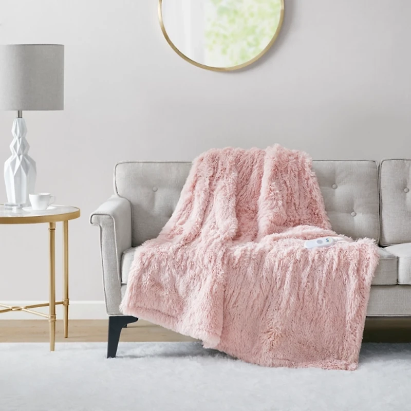 Serta Pink Heated Shaggy Faux Fur Throw