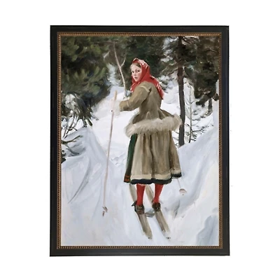 Vintage Girl Skiing Gold Bead Framed Art Print