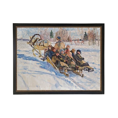 Vintage Kids Sledding Gold Bead Framed Art Print