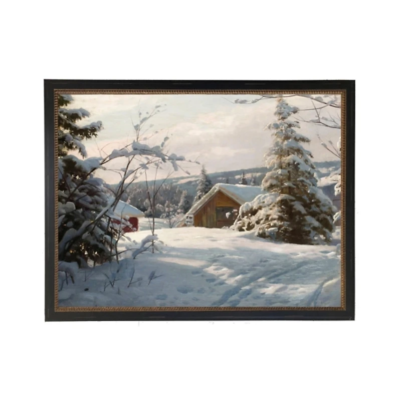 Snowy Cabin Gold Bead Framed Art Print