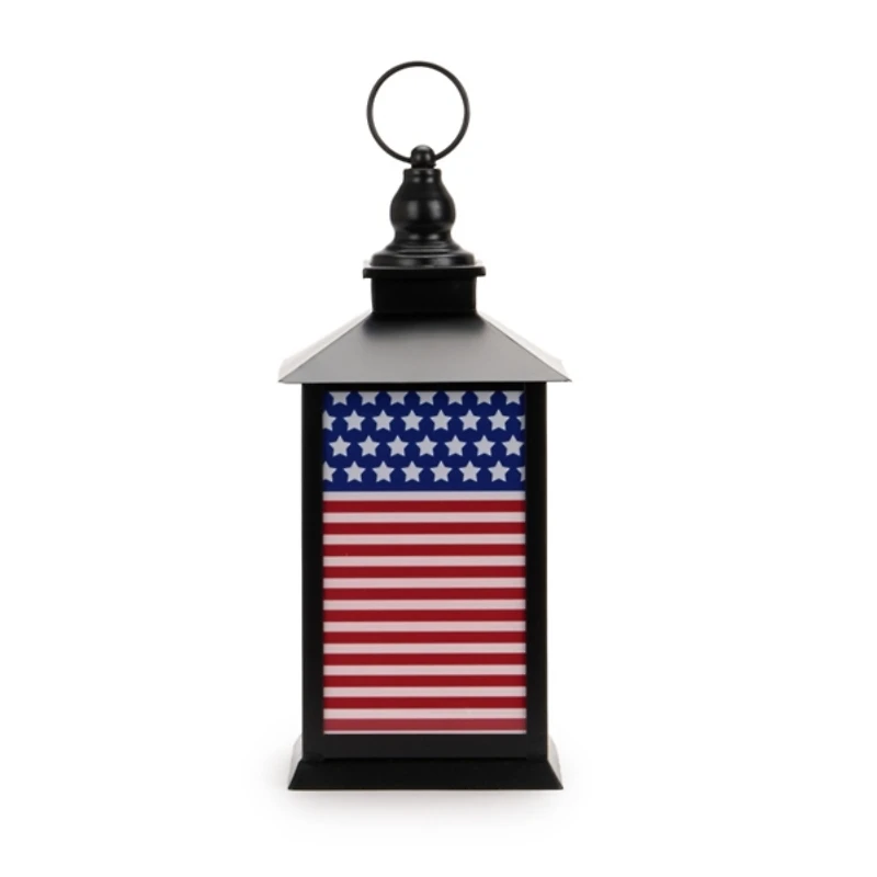 LED Black Metal American Flag Lantern, 12 in.