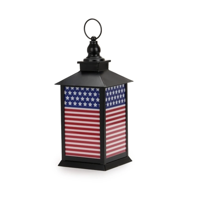 LED Black Metal American Flag Lantern, 12 in.