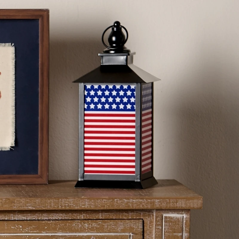 LED Black Metal American Flag Lantern, 12 in.