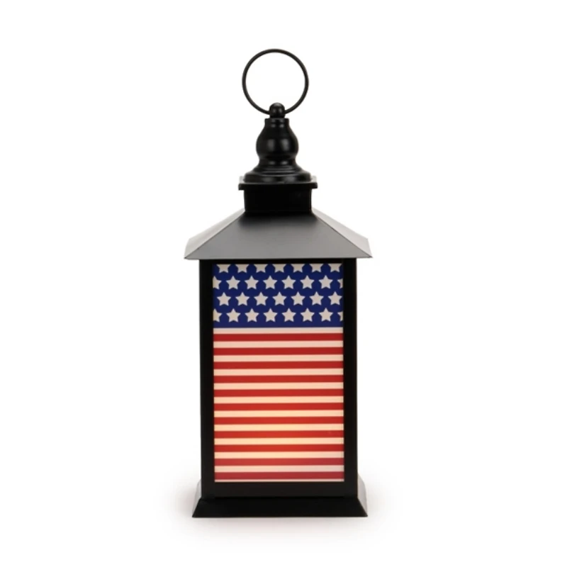 LED Black Metal American Flag Lantern, 12 in.