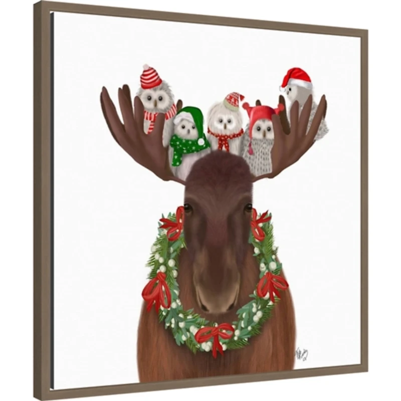Christmas Moose and Owls Framed Canvas Art Print