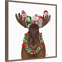 Christmas Moose and Owls Framed Canvas Art Print