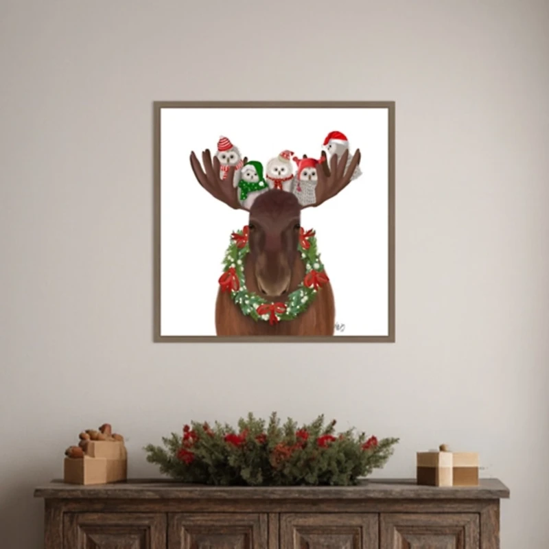 Christmas Moose and Owls Framed Canvas Art Print