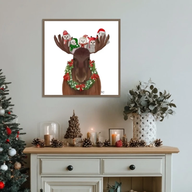 Christmas Moose and Owls Framed Canvas Art Print