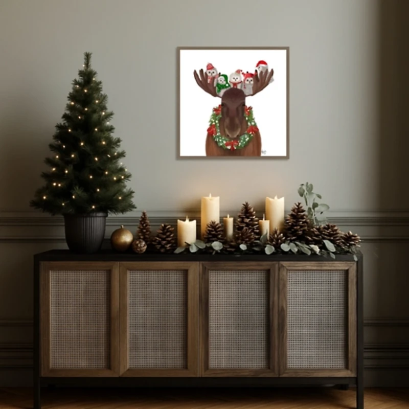 Christmas Moose and Owls Framed Canvas Art Print