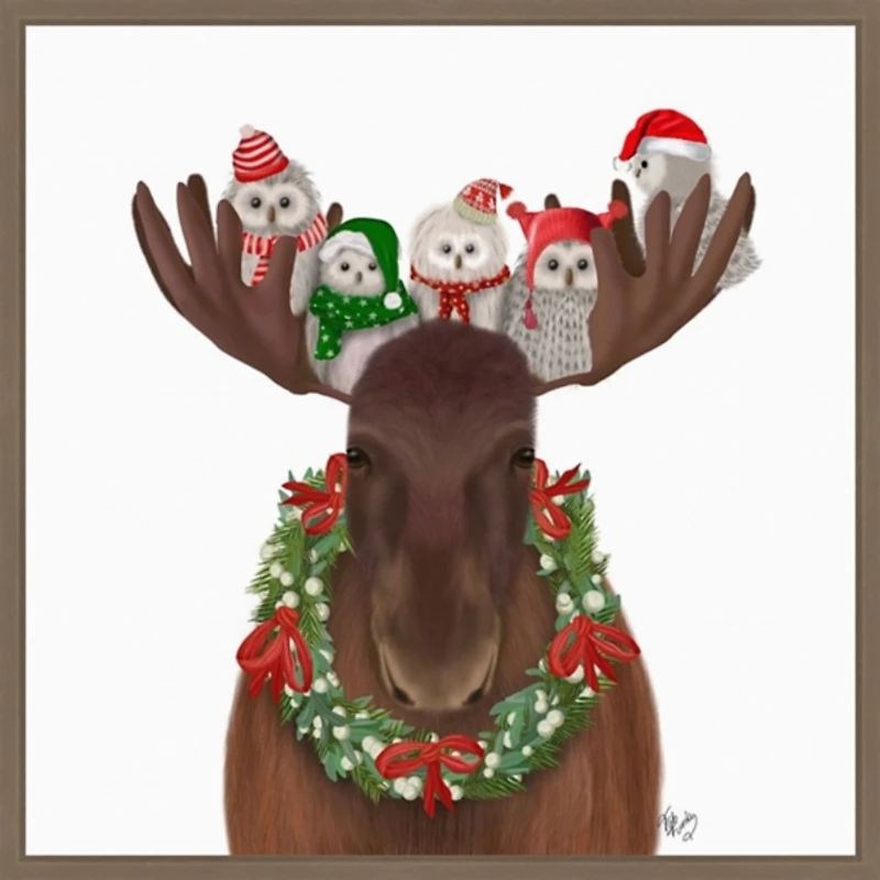 Christmas Moose and Owls Framed Canvas Art Print