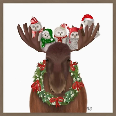 Christmas Moose and Owls Framed Canvas Art Print