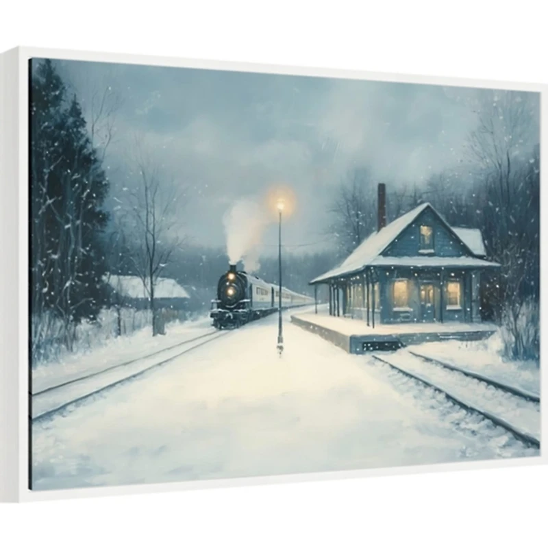 Snowy Train Framed Canvas Art Print