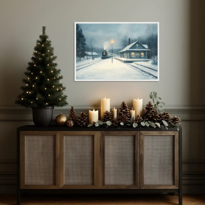 Snowy Train Framed Canvas Art Print