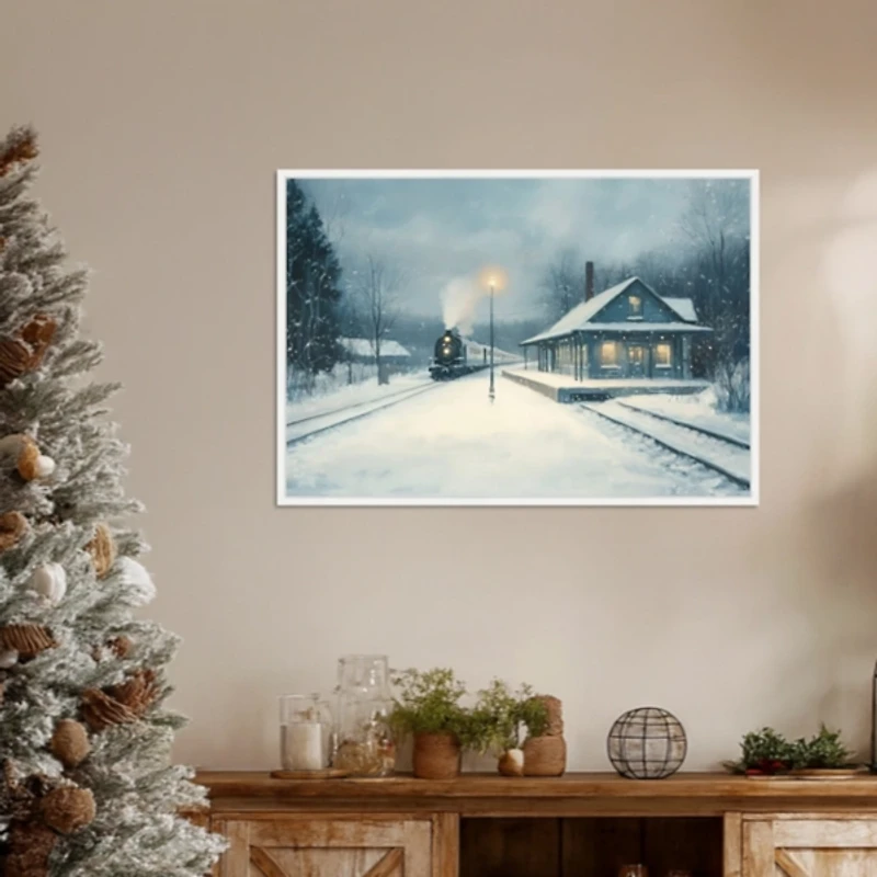 Snowy Train Framed Canvas Art Print