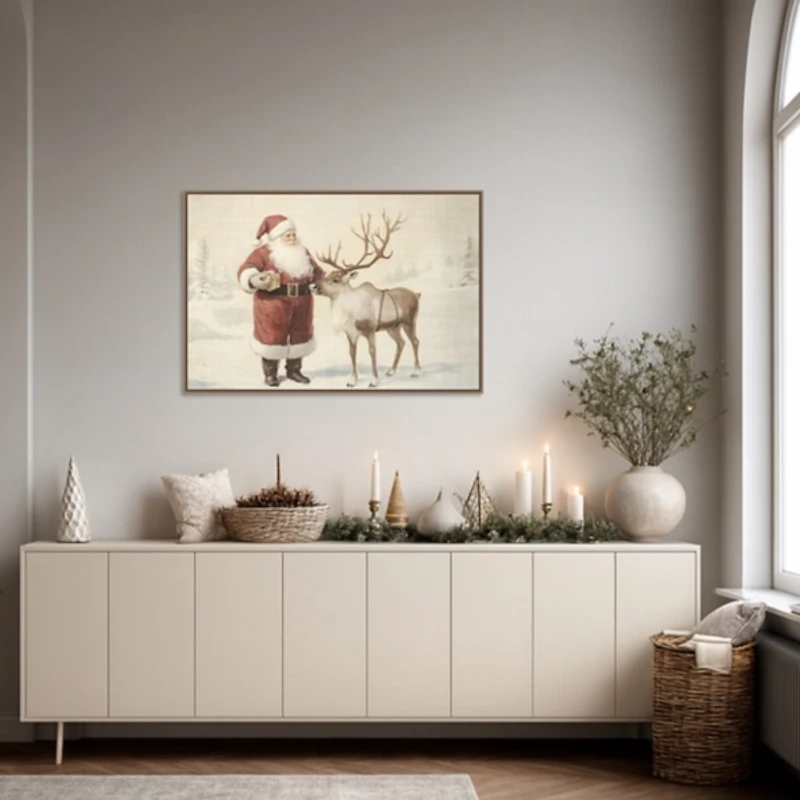 Santa Claus with Reindeer Framed Canvas Art Print