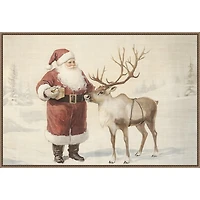 Santa Claus with Reindeer Framed Canvas Art Print