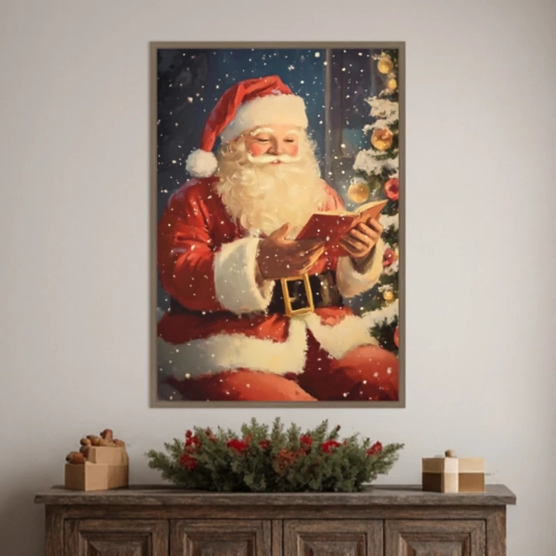 Santa Reading Framed Canvas Art Print