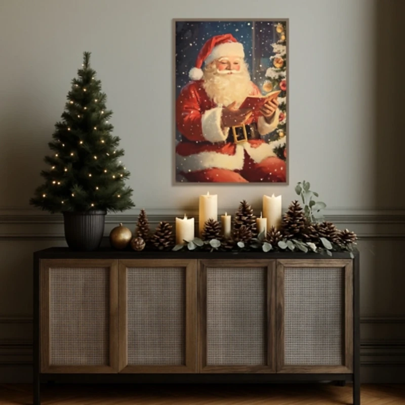 Santa Reading Framed Canvas Art Print