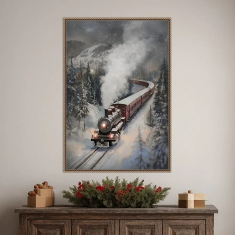 Snowfall Steam Train Framed Canvas Art Print