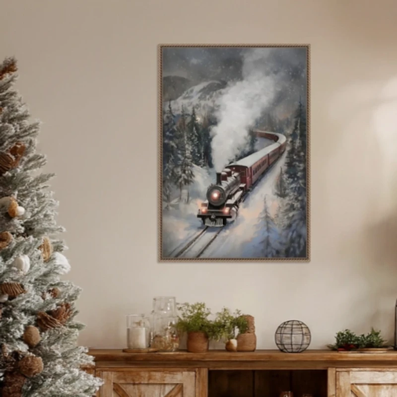 Snowfall Steam Train Framed Canvas Art Print