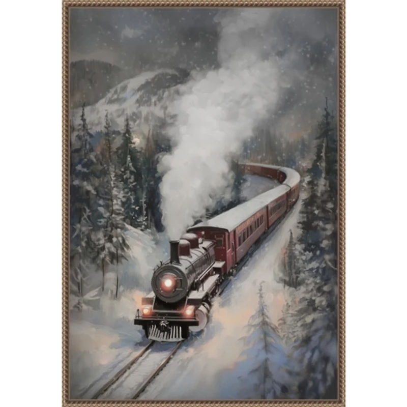 Snowfall Steam Train Framed Canvas Art Print