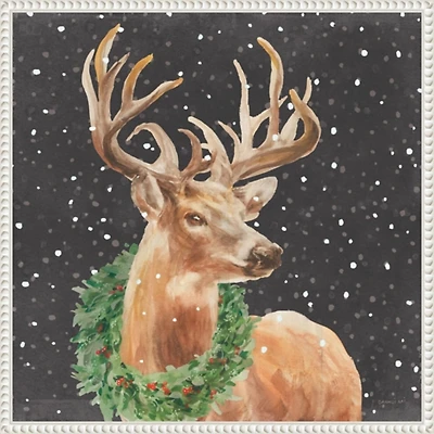 Holiday Stag White Framed Canvas Art Print