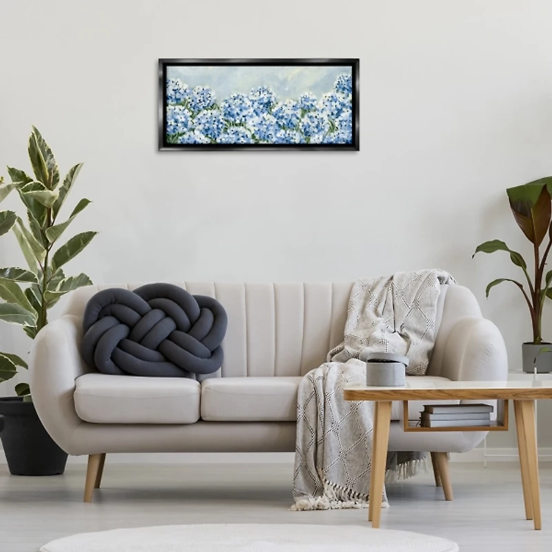 Blue Hydrangeas Black Framed Canvas Print, 31x14