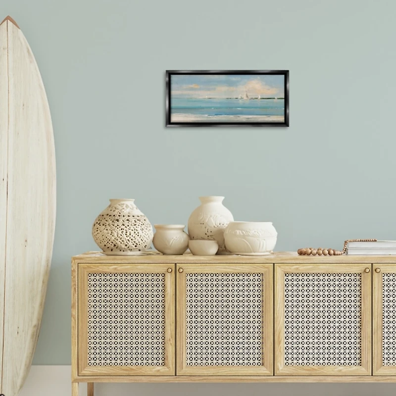 Distant Sailboats Black Framed Canvas Print