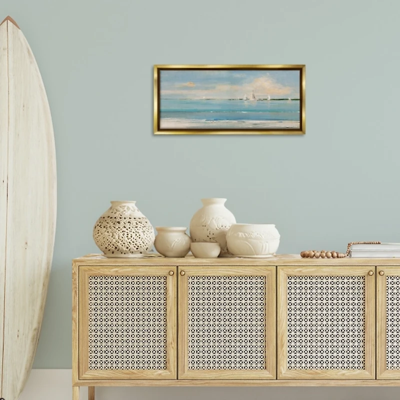 Distant Sailboats Gold Framed Canvas Print, 31x14