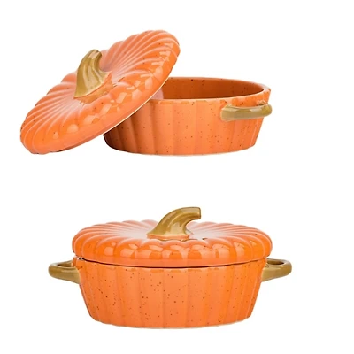Round Orange Pumpkin Casserole Dishes, Set of 2