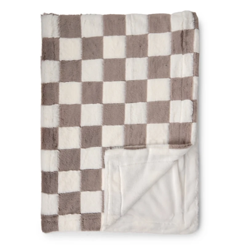 Oatmeal & White Faux Fur Checkered Throw