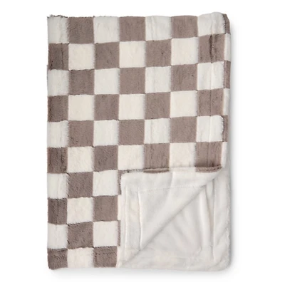 Oatmeal & White Faux Fur Checkered Throw