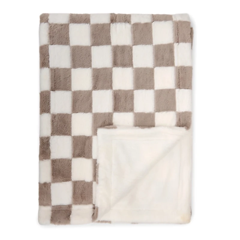 Taupe & White Faux Fur Checkered Throw