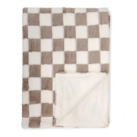Taupe & White Faux Fur Checkered Throw