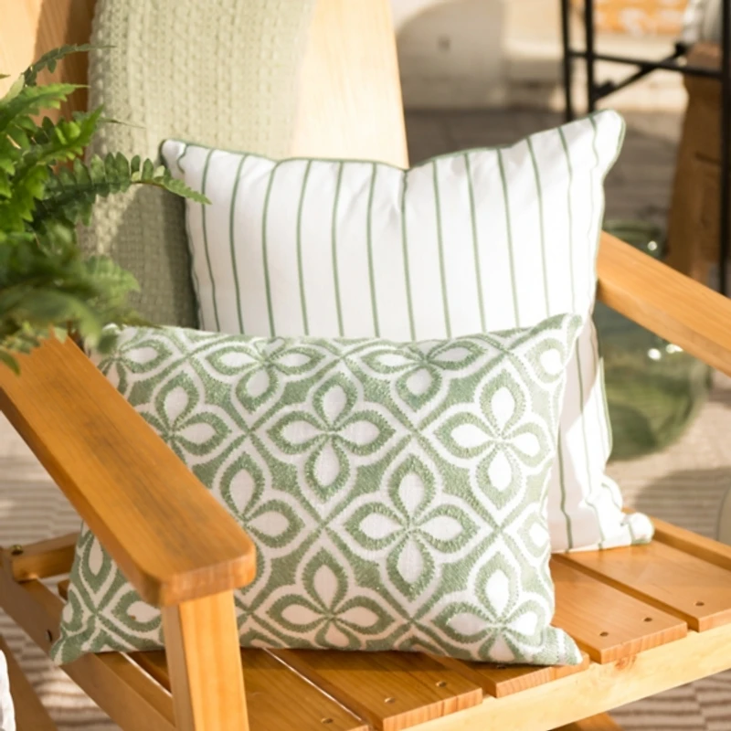 Green Embroidered Floral Outdoor Lumbar Pillow