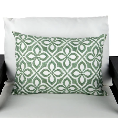 Green Embroidered Floral Outdoor Lumbar Pillow