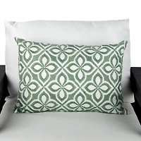 Green Embroidered Floral Outdoor Lumbar Pillow