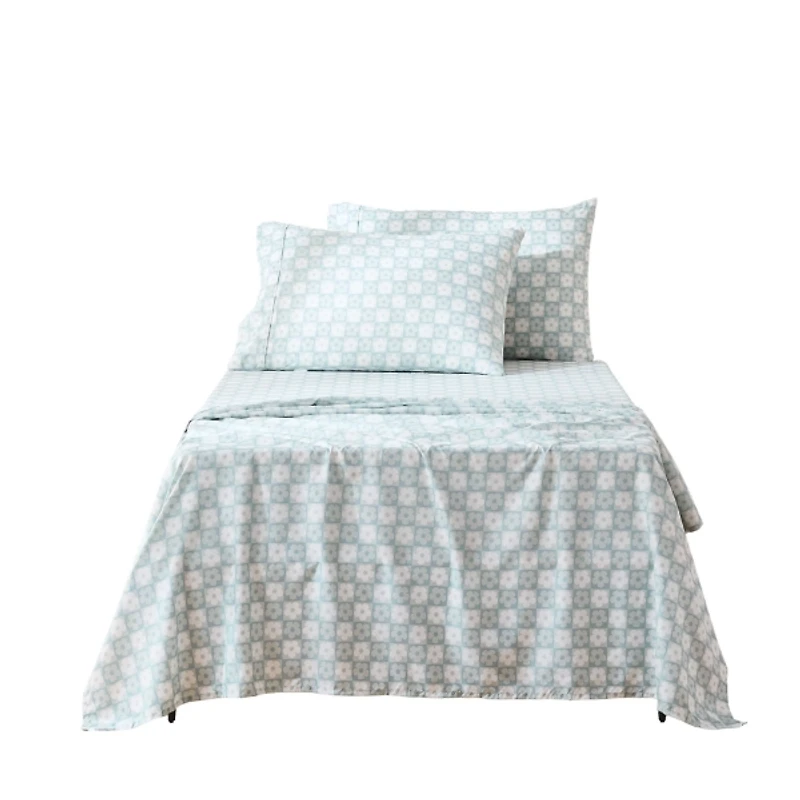 Aqua Blue Checkered Daisy 4-pc. Twin Sheet Set